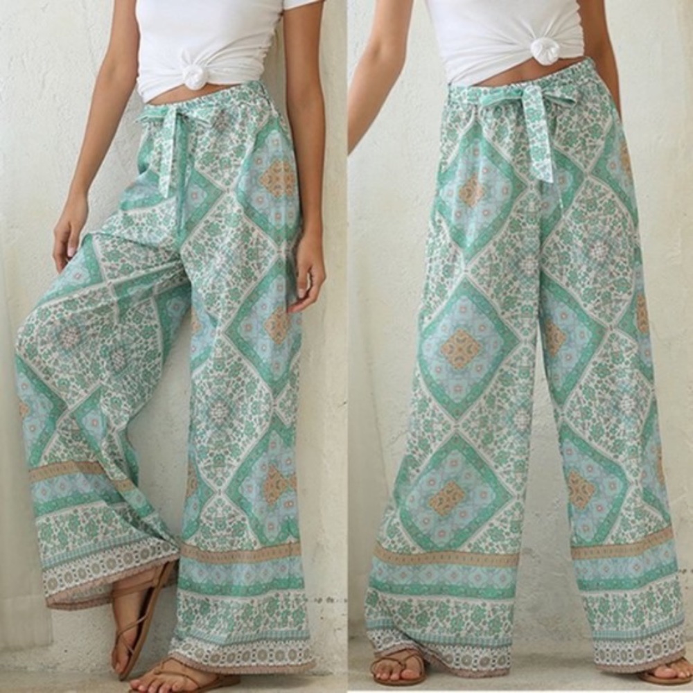 035 Mint Floral printing boho gypsy wide leg pants
